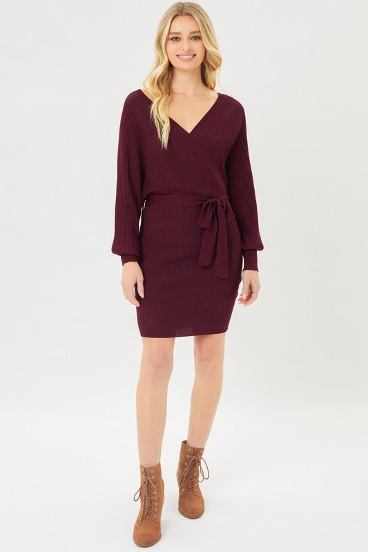Off Shoulder Wrap Belted Ribbed Knit Dress - HOUSE OF SHE