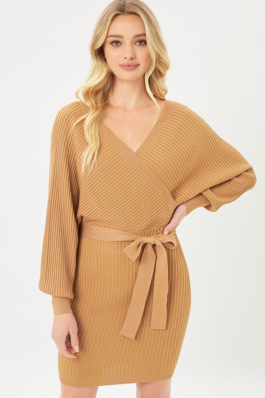 Off Shoulder Wrap Belted Ribbed Knit Dress - HOUSE OF SHE