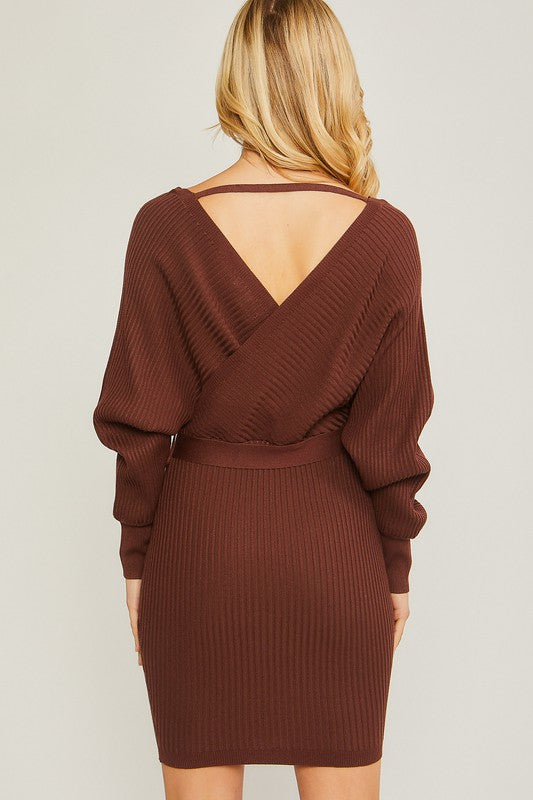 Off Shoulder Wrap Belted Ribbed Knit Dress - HOUSE OF SHE