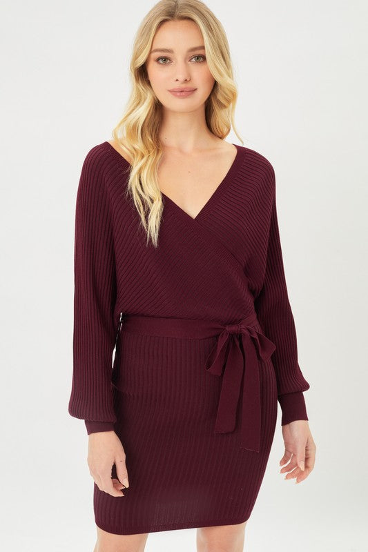 Off Shoulder Wrap Belted Ribbed Knit Dress - HOUSE OF SHE