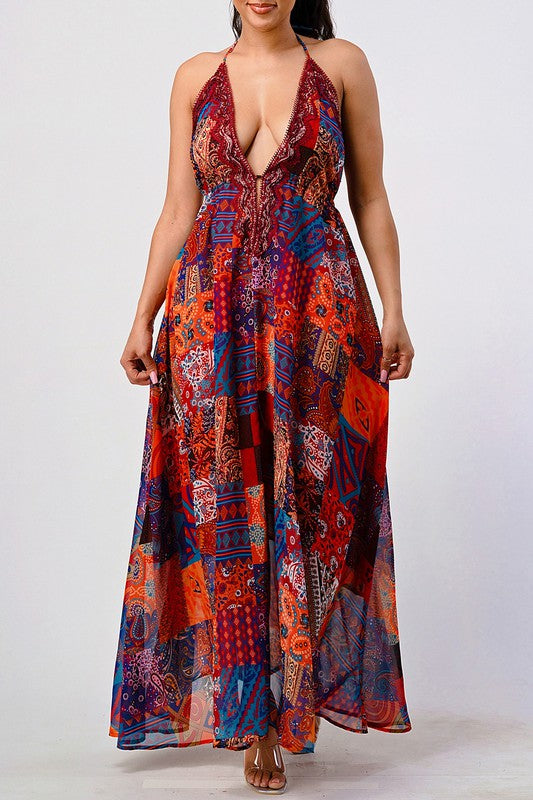 Bohemian Print Sequin Lace Trim Maxi Dress - HOUSE OF SHE