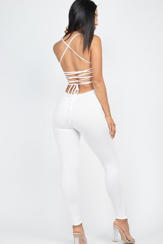 Criss-Cross Open Back Bodycon Jumpsuit - HOUSE OF SHE