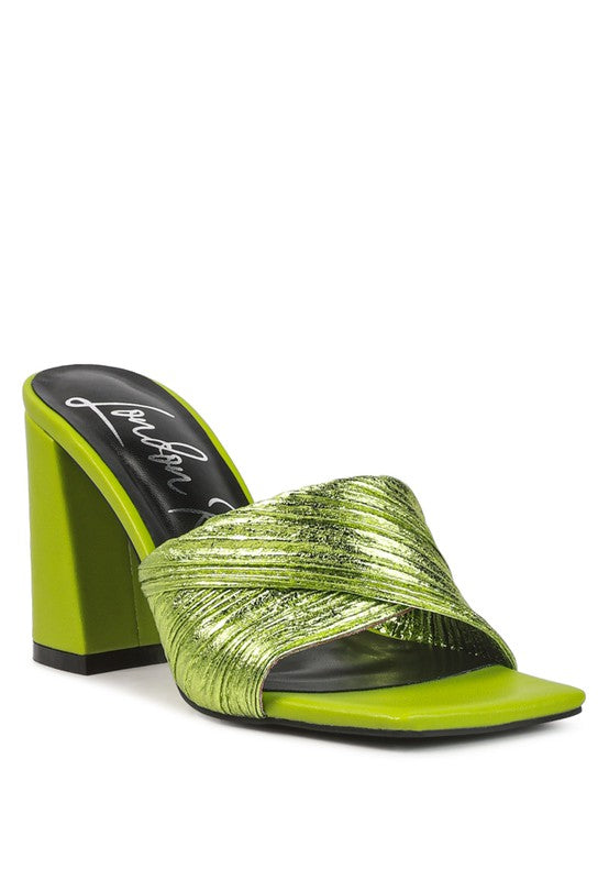Salty You: Crinkled Metallic Block Sandal Heels  HOUSE OF SHE