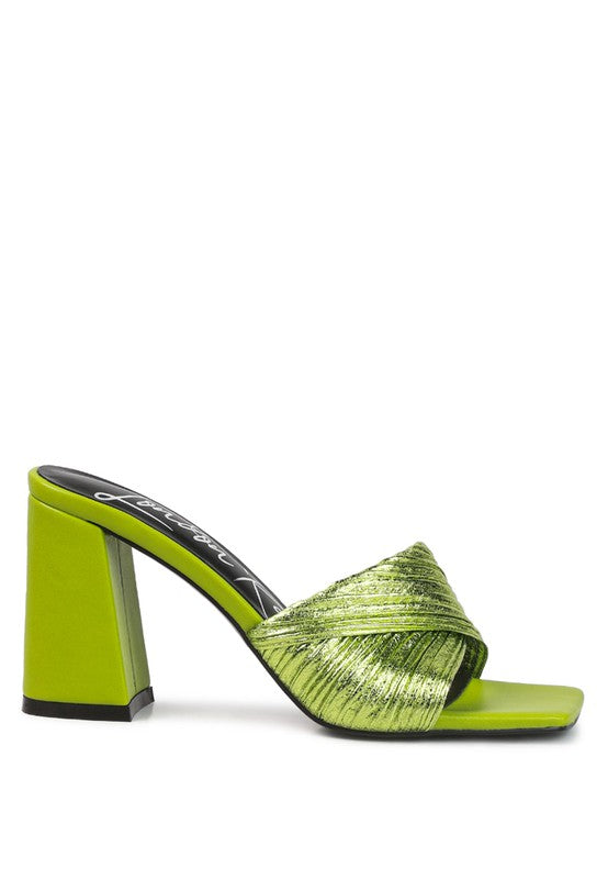 Salty You: Crinkled Metallic Block Sandal Heels  HOUSE OF SHE