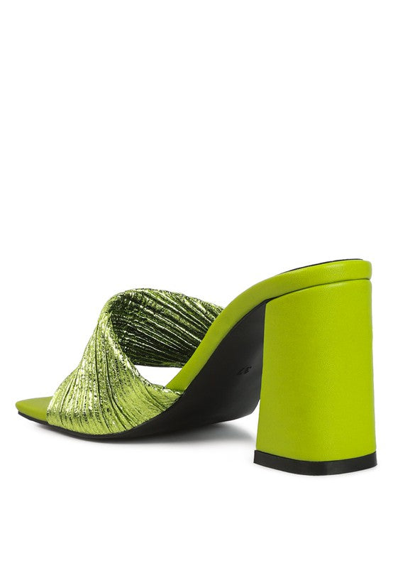 Salty You: Crinkled Metallic Block Sandal Heels  HOUSE OF SHE