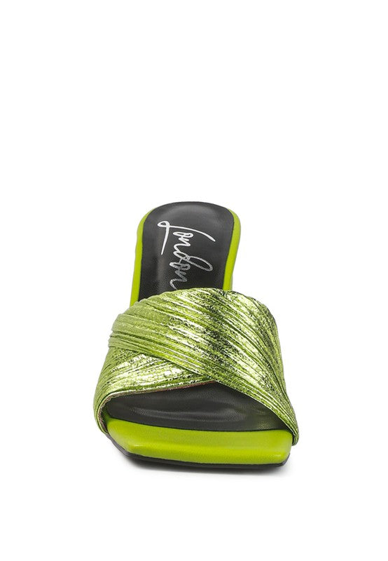 Salty You: Crinkled Metallic Block Sandal Heels  HOUSE OF SHE