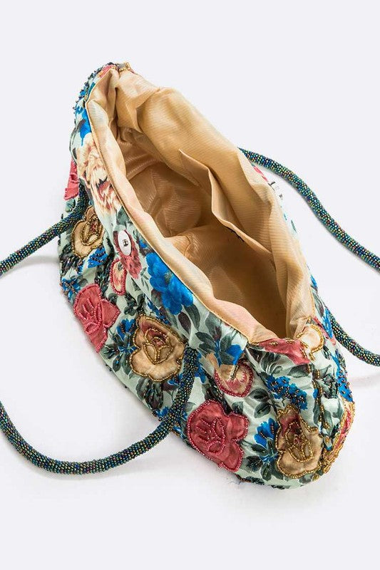 Flower Seed Beads Embellished Soft Shoulder Bag - HOUSE OF SHE