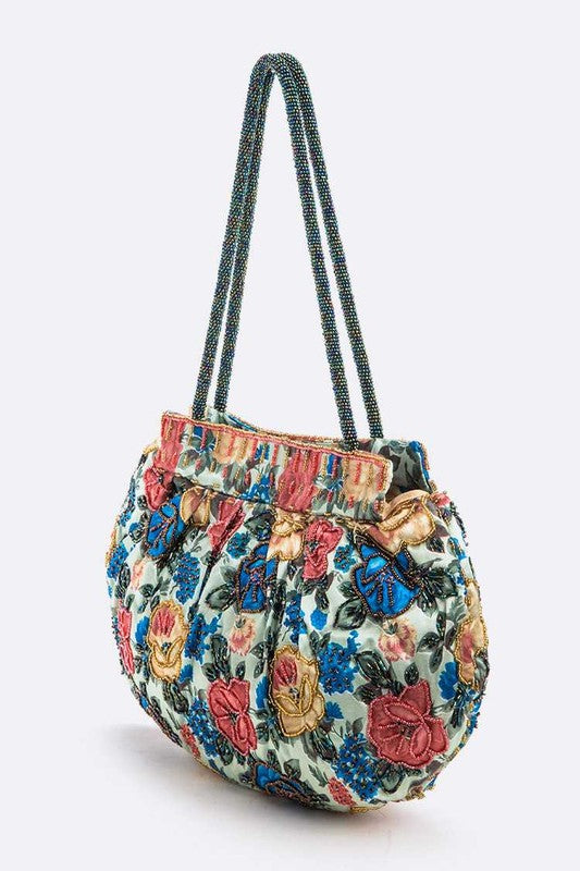 Flower Seed Beads Embellished Soft Shoulder Bag - HOUSE OF SHE