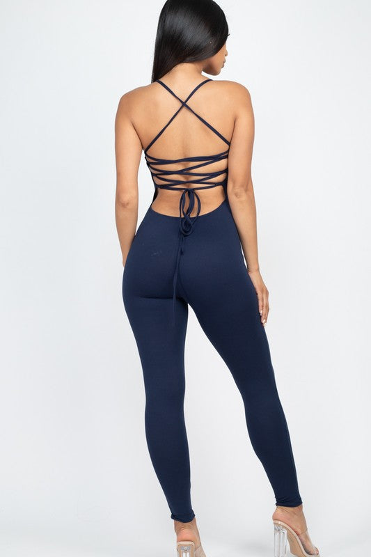 Criss-Cross Open Back Bodycon Jumpsuit - HOUSE OF SHE