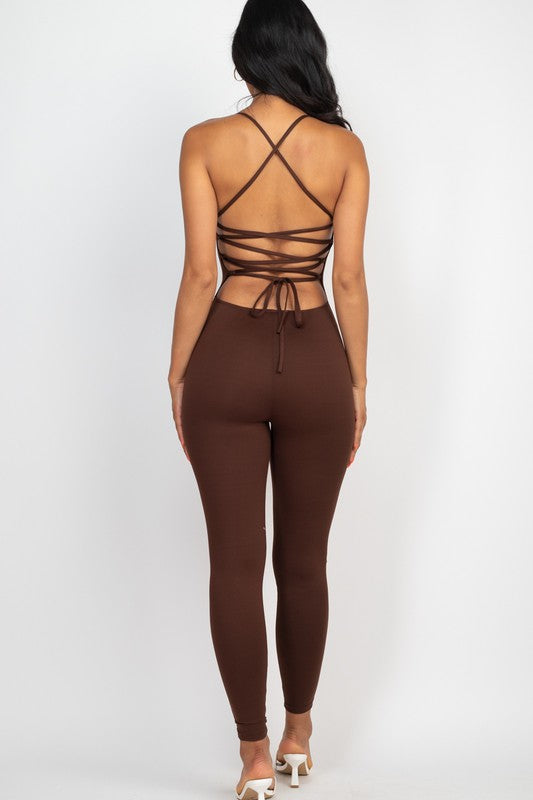Criss-Cross Open Back Bodycon Jumpsuit - HOUSE OF SHE