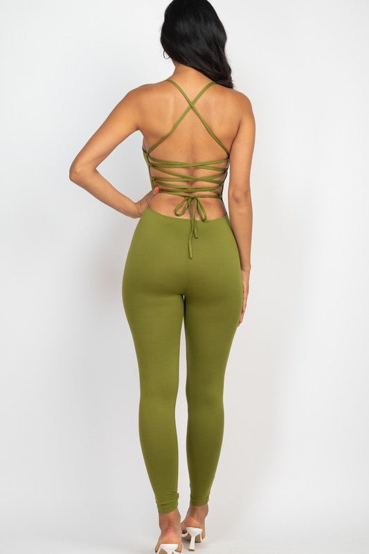 Criss-Cross Open Back Bodycon Jumpsuit - HOUSE OF SHE