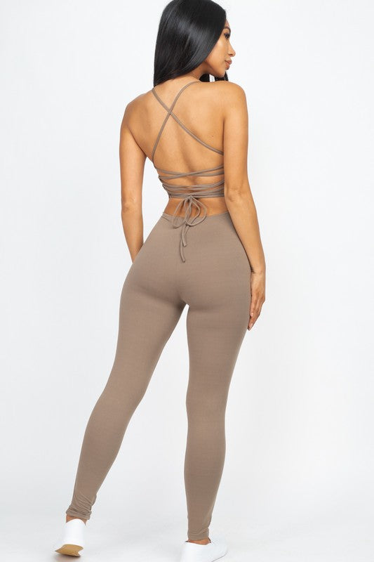 Criss-Cross Open Back Bodycon Jumpsuit - HOUSE OF SHE
