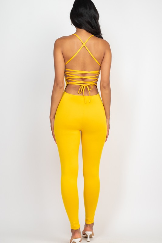 Criss-Cross Open Back Bodycon Jumpsuit - HOUSE OF SHE