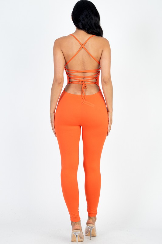 Criss-Cross Open Back Bodycon Jumpsuit - HOUSE OF SHE