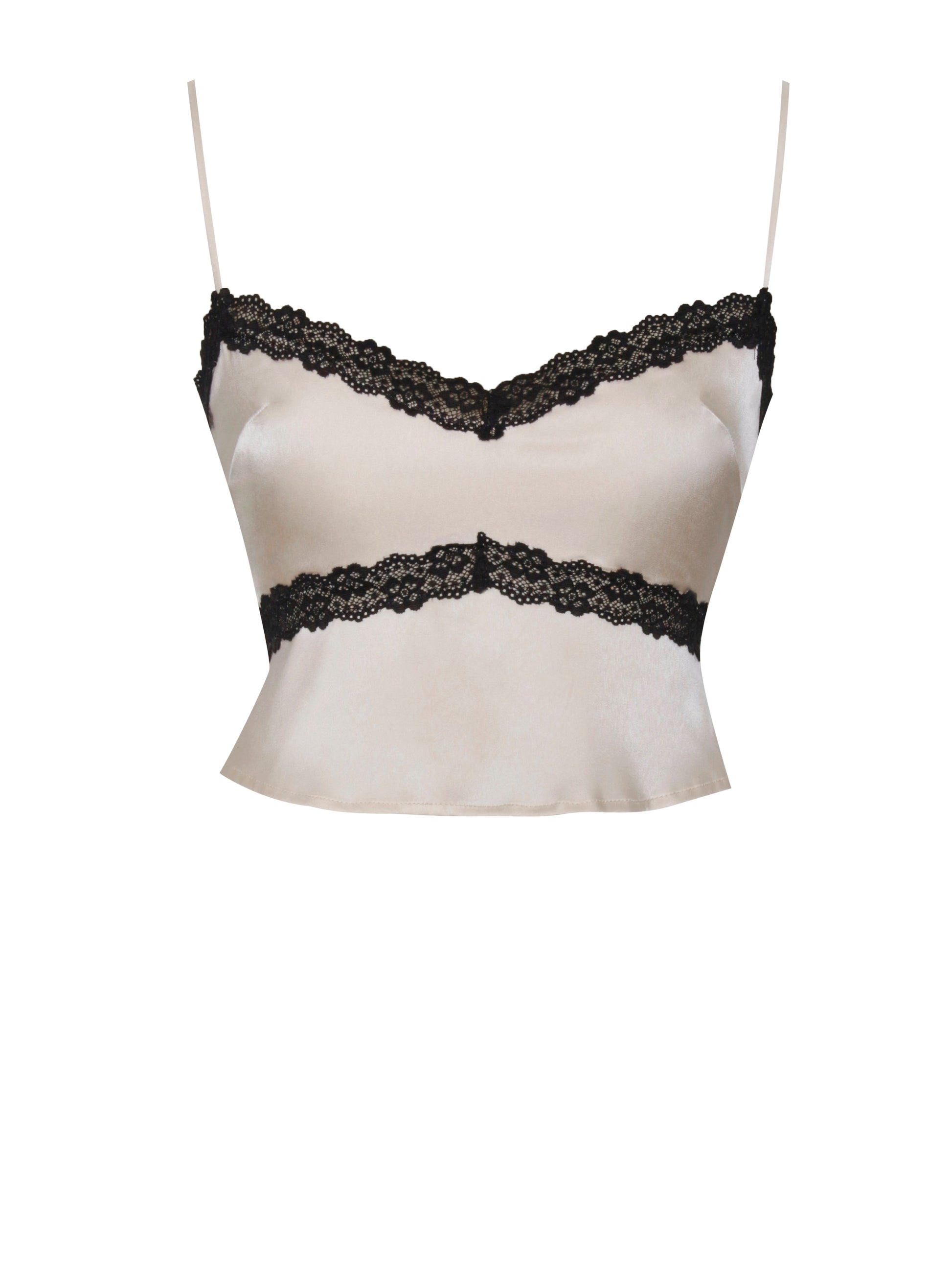 Yareli Beige Lace Trim Satin Strappy Top HOUSE OF SHE