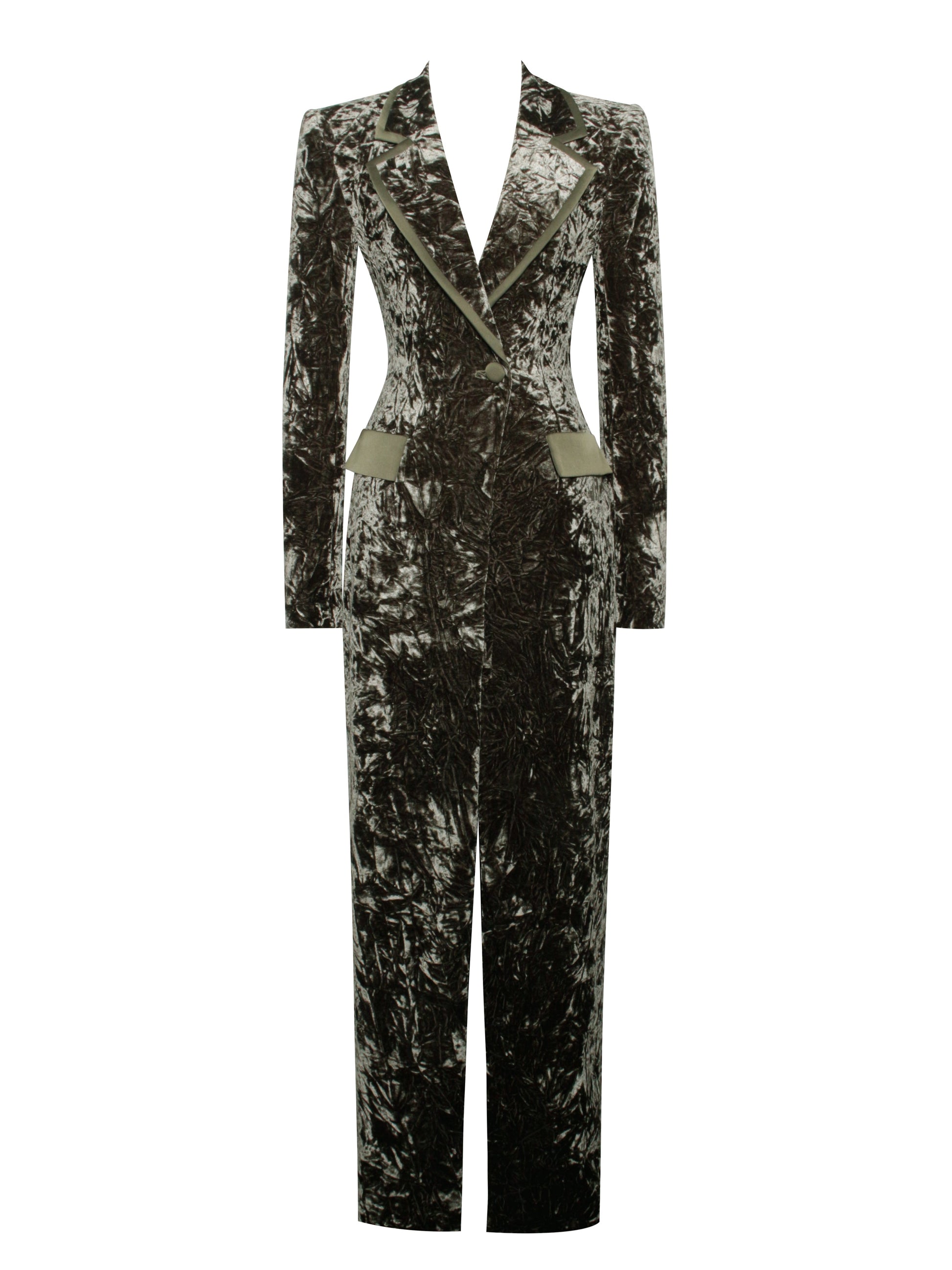Willow Green Glossy Velvet High Slit Blazer Gown - HOUSE OF SHE