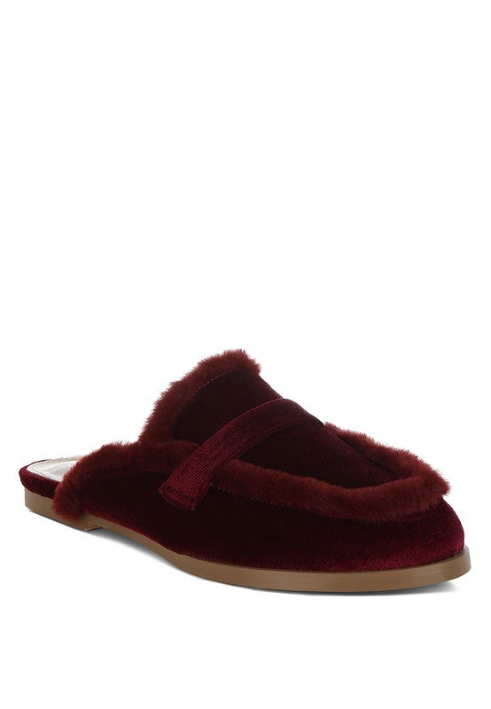 Seyhan Fur Detail Velvet Slip-On Mules HOUSE OF SHE