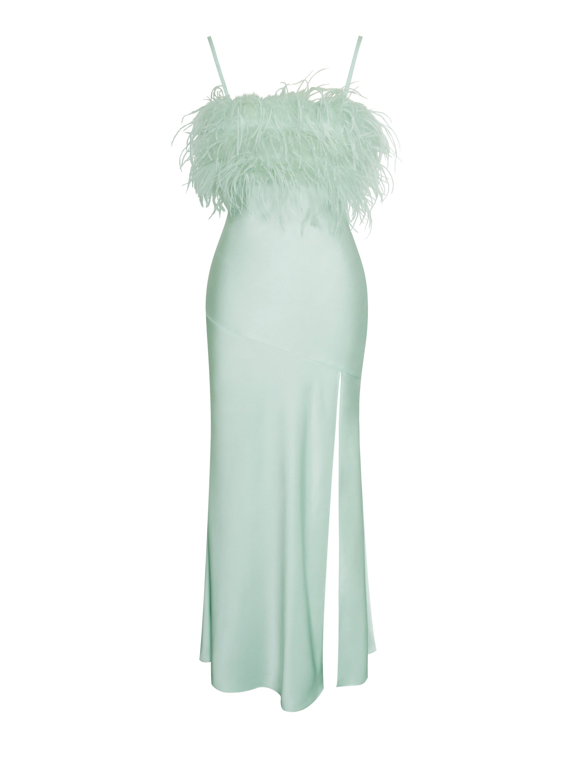 Yanira Mint Feather High Slit Satin Maxi Dress HOUSE OF SHE