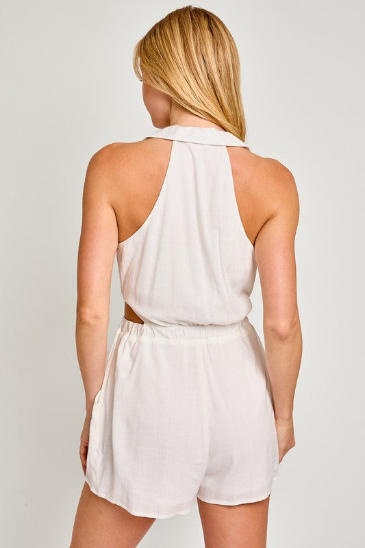Collared Sleeveless Romper - HOUSE OF SHE