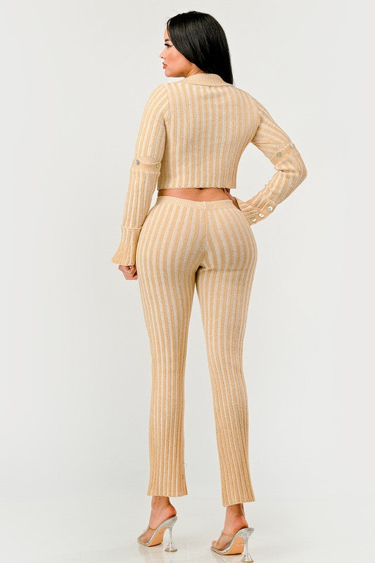 Golden Hour Knit Cardigan & High-Waisted Pants Outfit Set