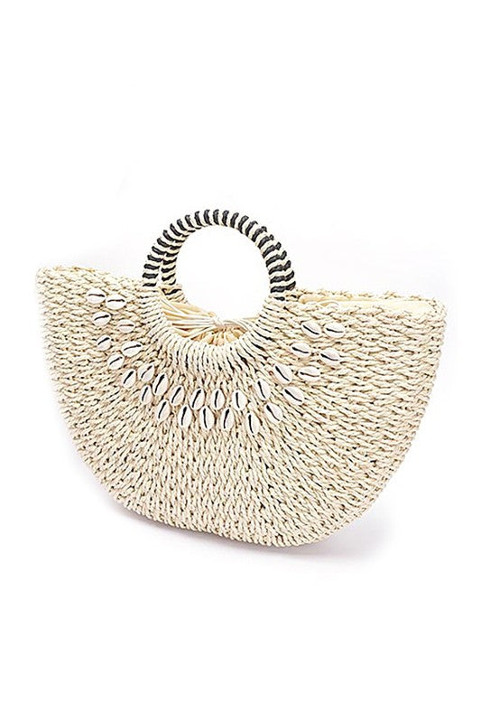 Top Handle Sea Shell Faux Straw Tote Bag - HOUSE OF SHE