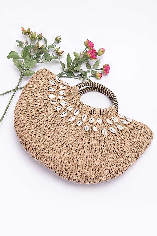 Top Handle Sea Shell Faux Straw Tote Bag - HOUSE OF SHE