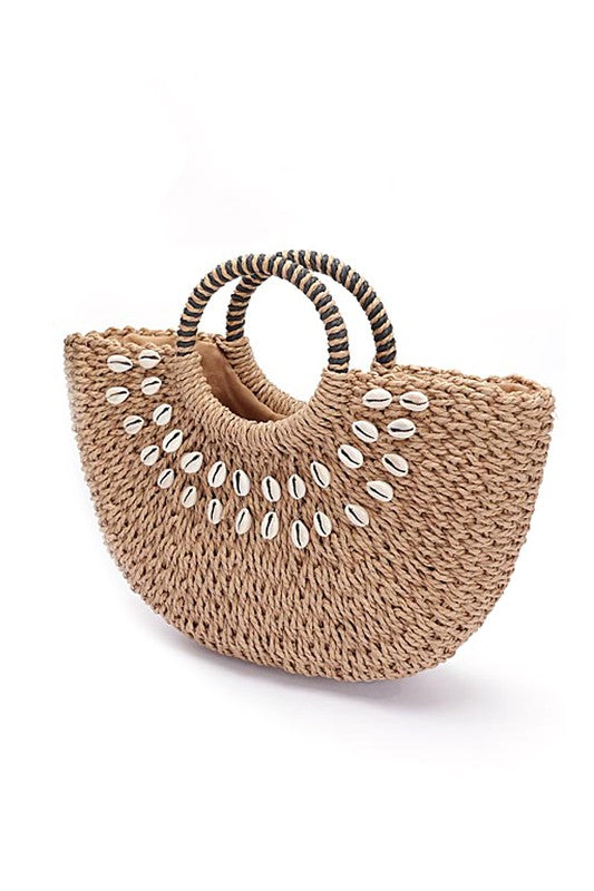 Top Handle Sea Shell Faux Straw Tote Bag - HOUSE OF SHE