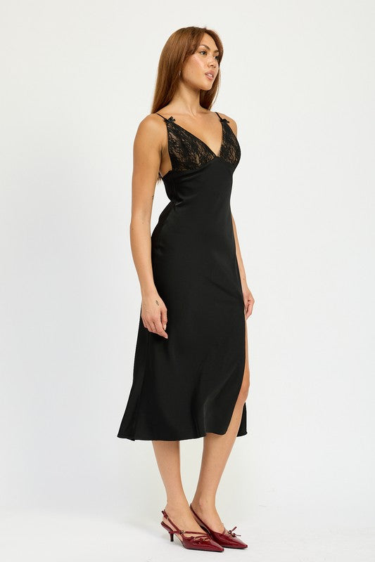 Satin Lace Cami Midi Dress With Slit - HOUSE OF SHE