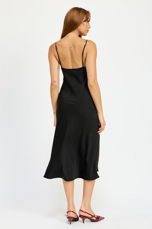 Satin Lace Cami Midi Dress With Slit - HOUSE OF SHE