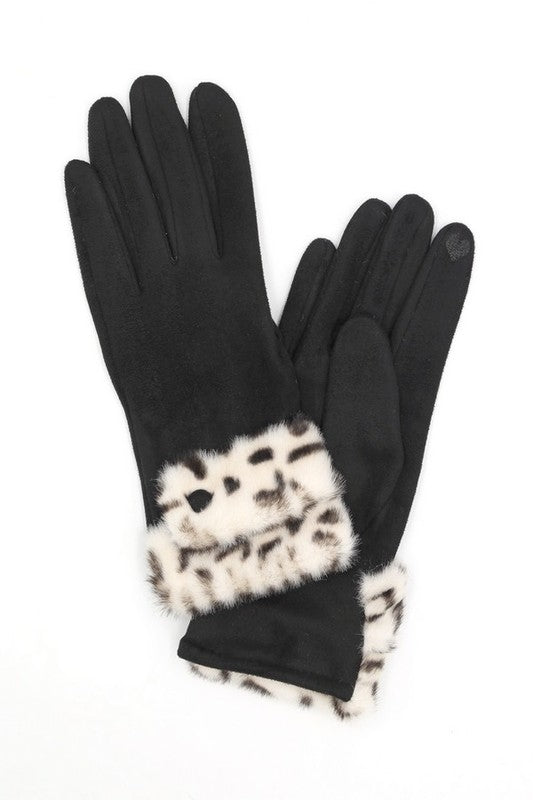 Leopard Printed Fur Trim Sueded Smart Gloves HOUSE OF SHE