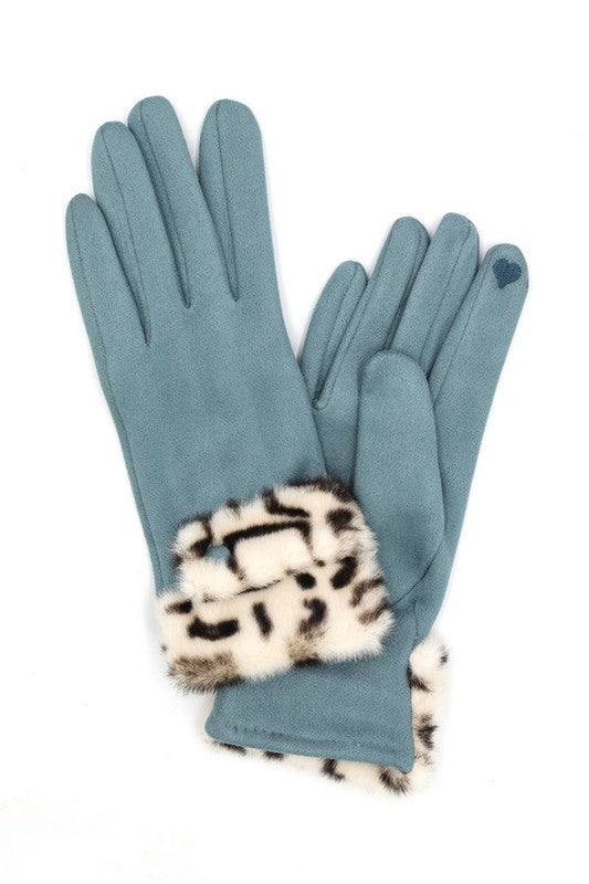 Leopard Printed Fur Trim Sueded Smart Gloves HOUSE OF SHE