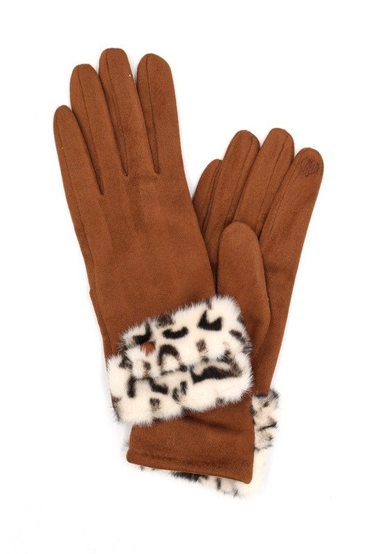 Leopard Printed Fur Trim Sueded Smart Gloves HOUSE OF SHE