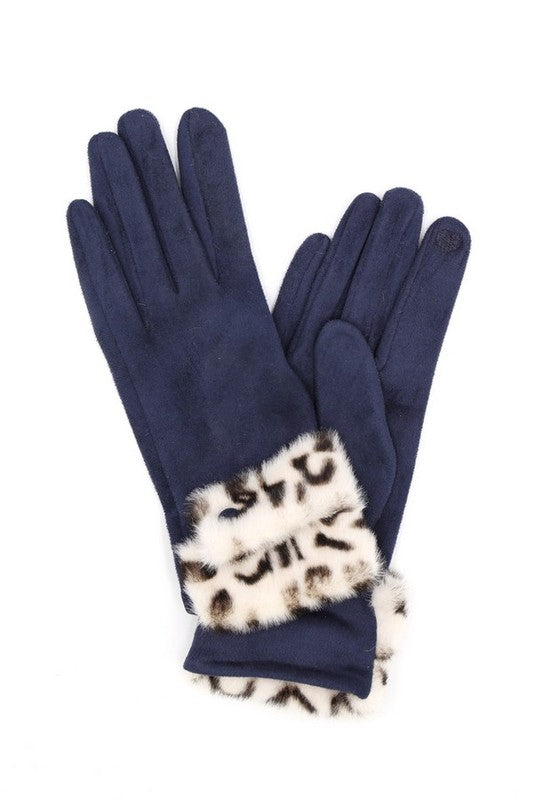 Leopard Printed Fur Trim Sueded Smart Gloves HOUSE OF SHE