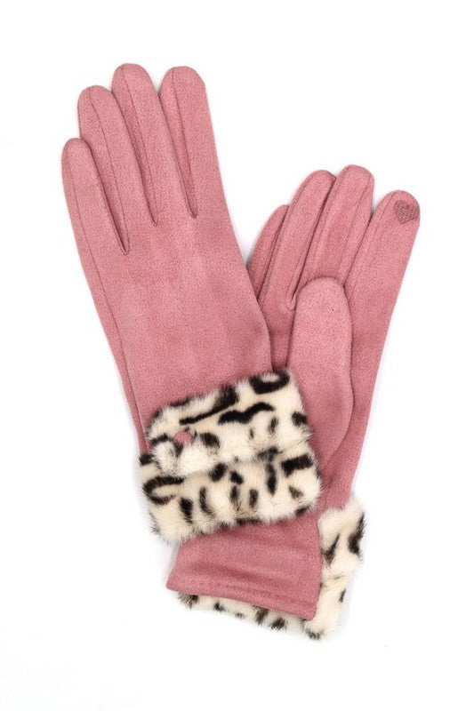 Leopard Printed Fur Trim Sueded Smart Gloves HOUSE OF SHE
