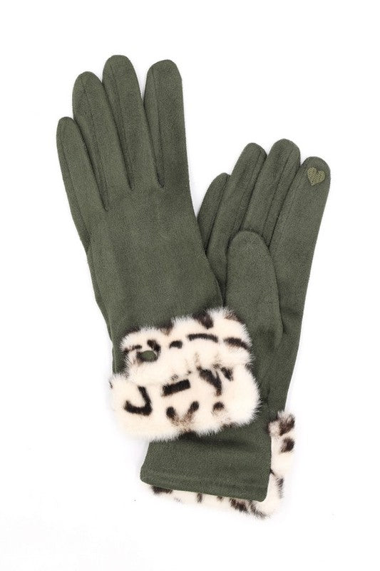 Leopard Printed Fur Trim Sueded Smart Gloves HOUSE OF SHE