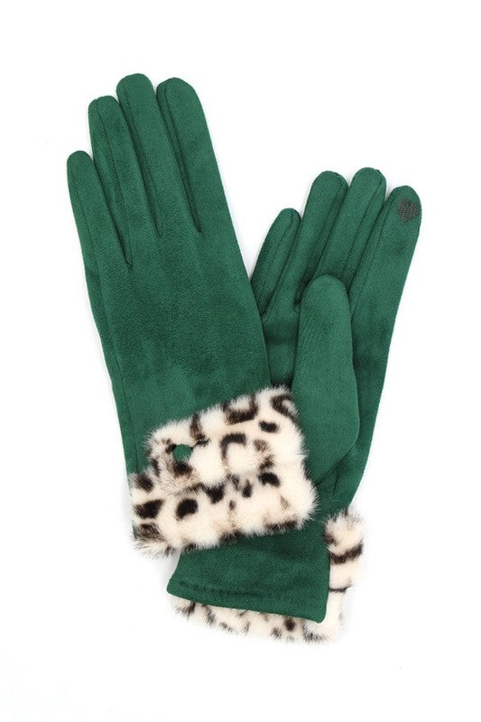 Leopard Printed Fur Trim Sueded Smart Gloves HOUSE OF SHE