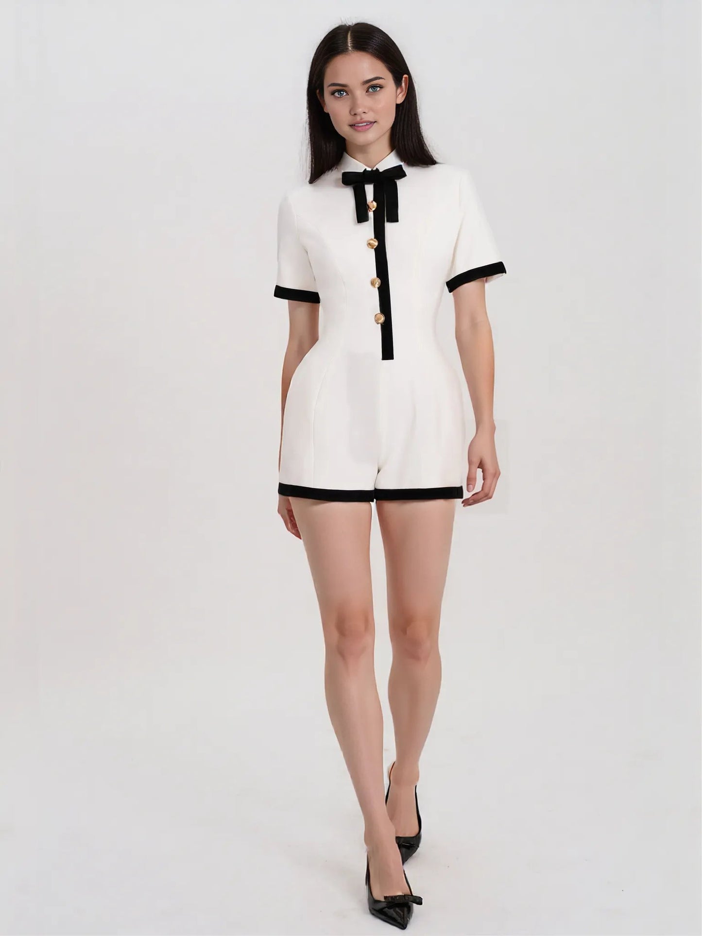Idina Business Casual White Romper with Black Trim