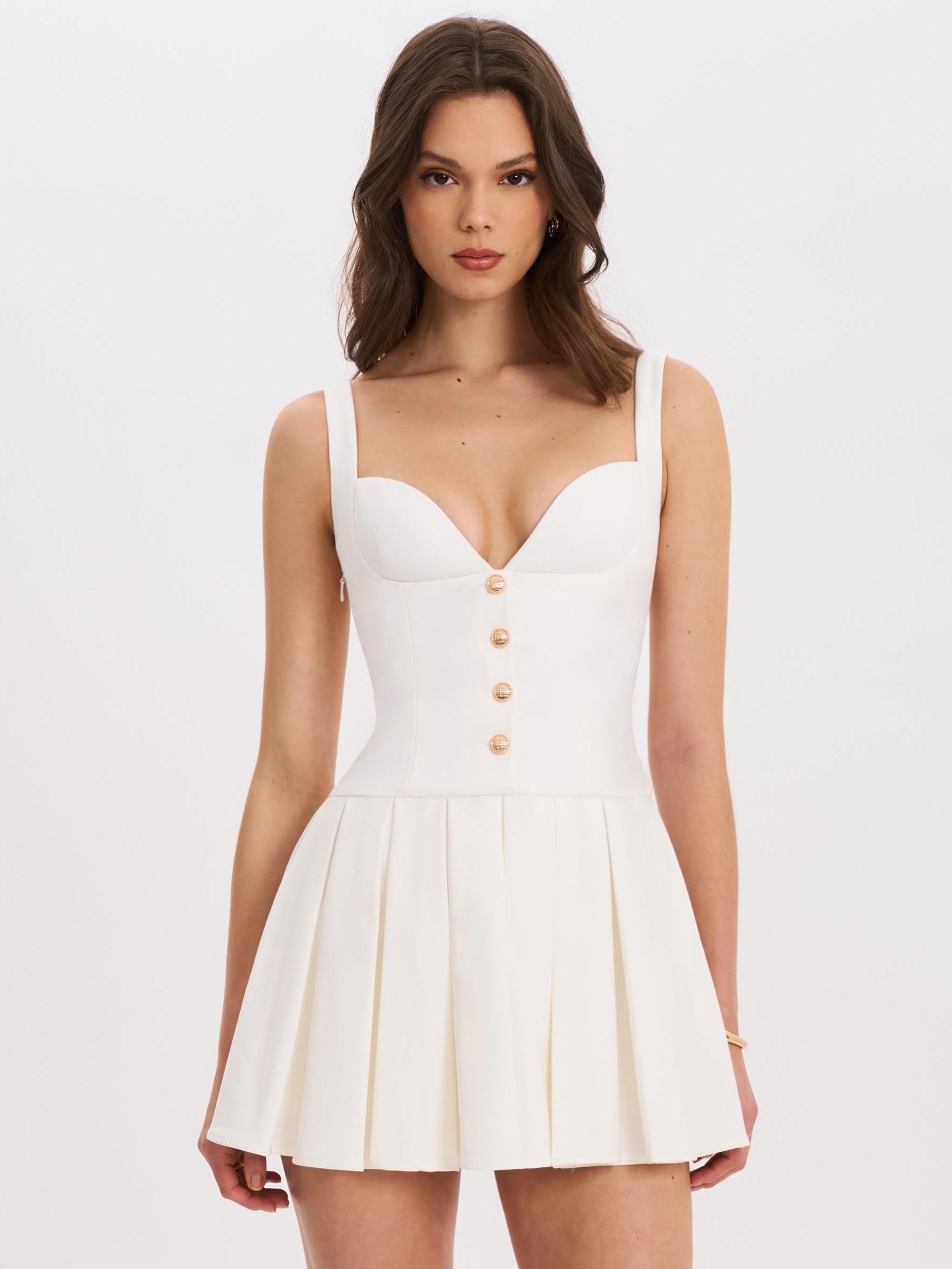 Tala White Sleeveless Pleated Preppy Mini Dress - HOUSE OF SHE
