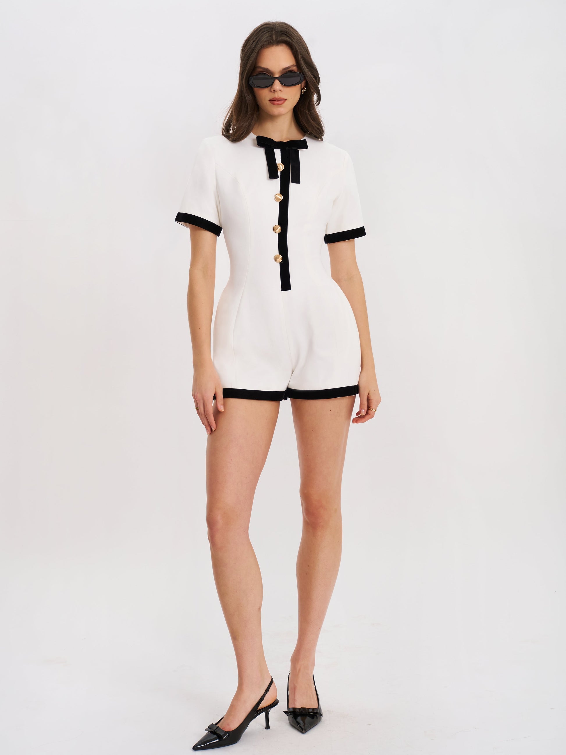 Idina Business Casual White Romper with Black Trim - HOUSE OF SHE
