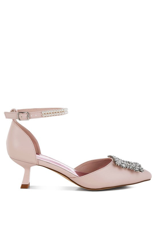 Onkana Diamante Brooch Kitten Heel Sandals - HOUSE OF SHE