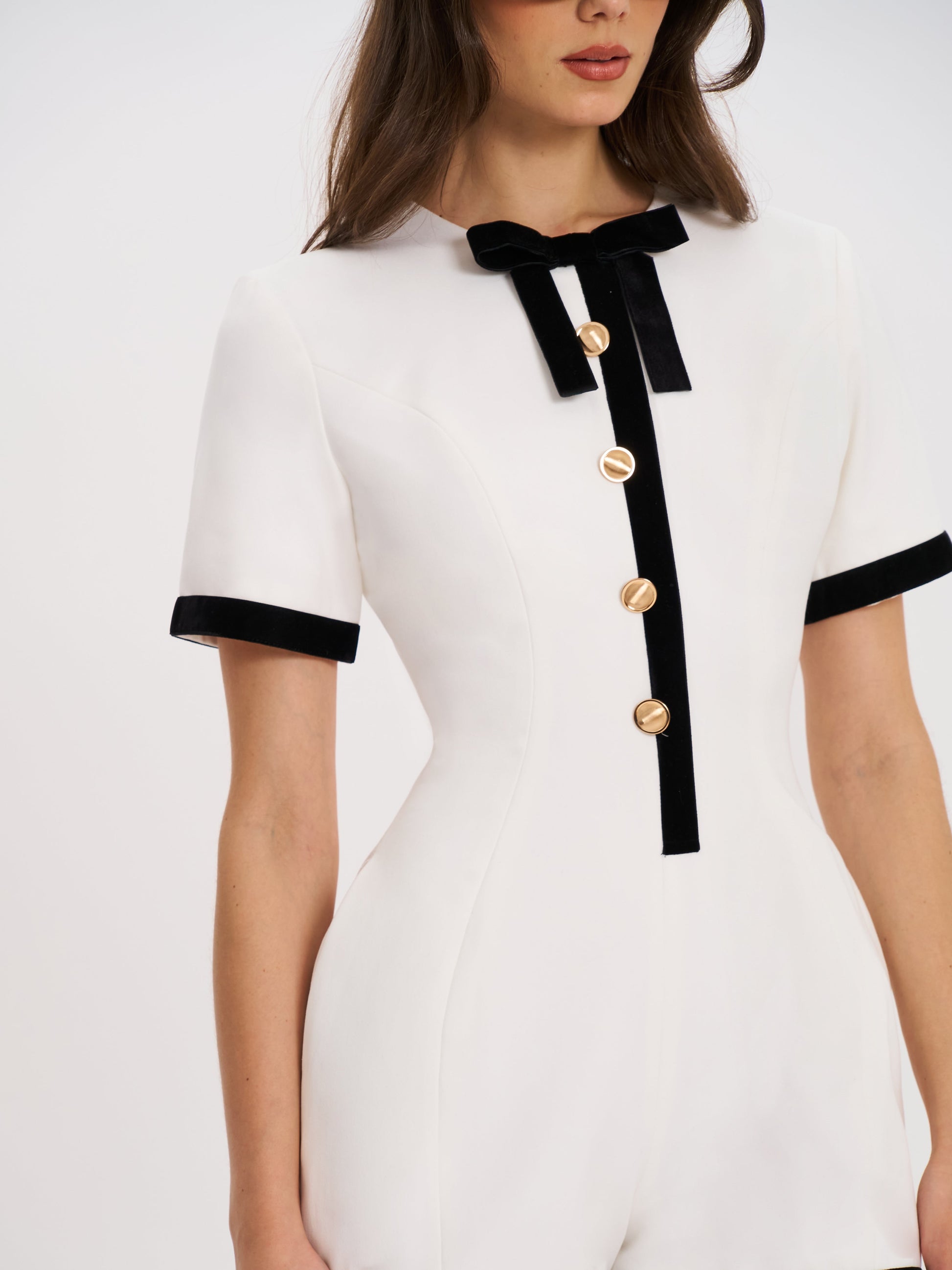 Idina Business Casual White Romper with Black Trim - HOUSE OF SHE