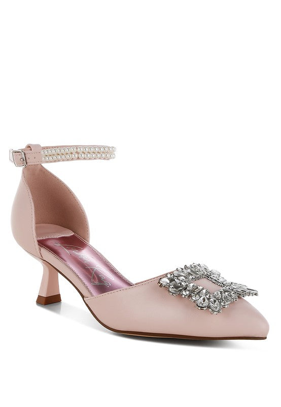 Onkana Diamante Brooch Kitten Heel Sandals - HOUSE OF SHE