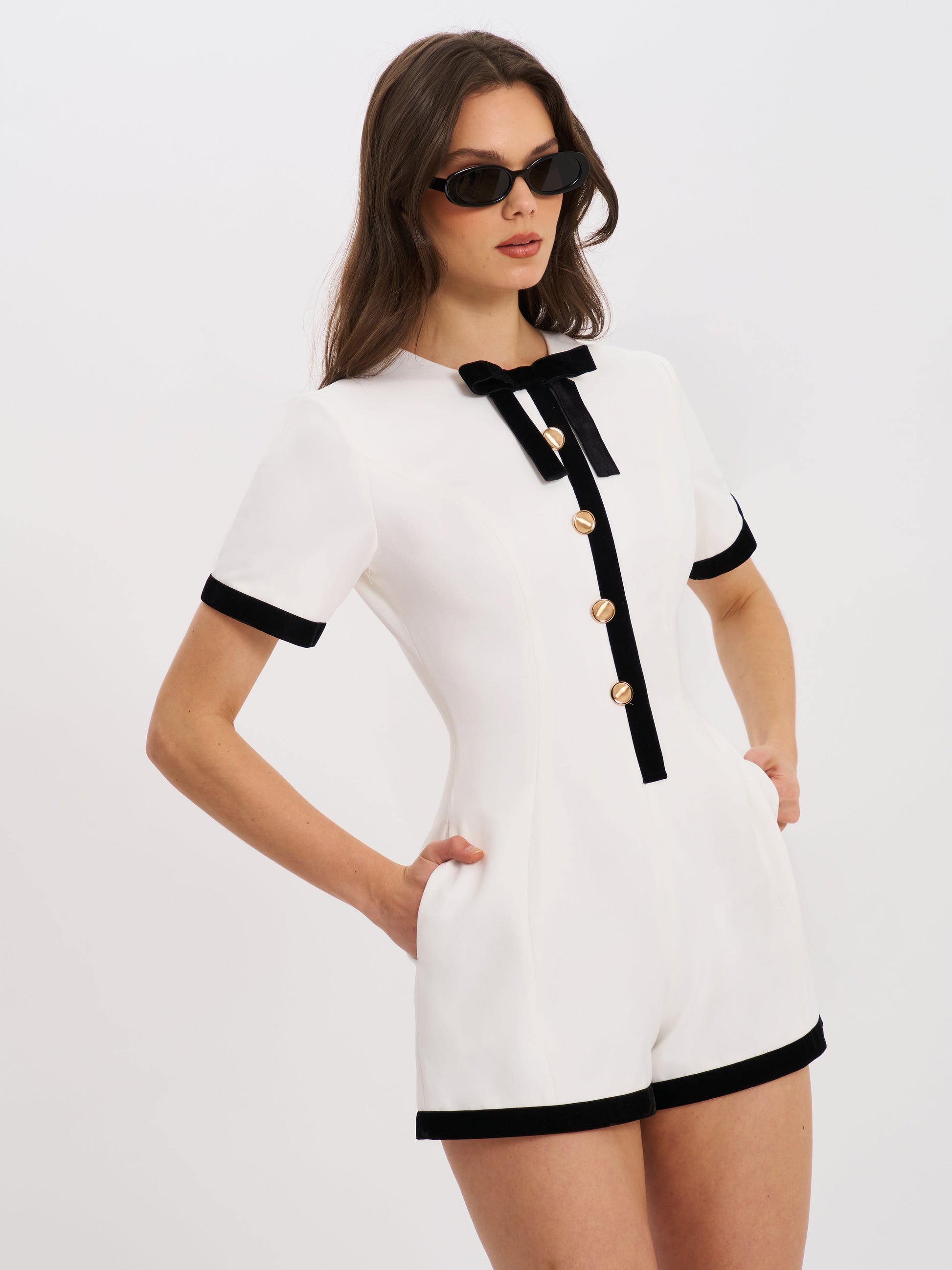 Idina Business Casual White Romper with Black Trim - HOUSE OF SHE