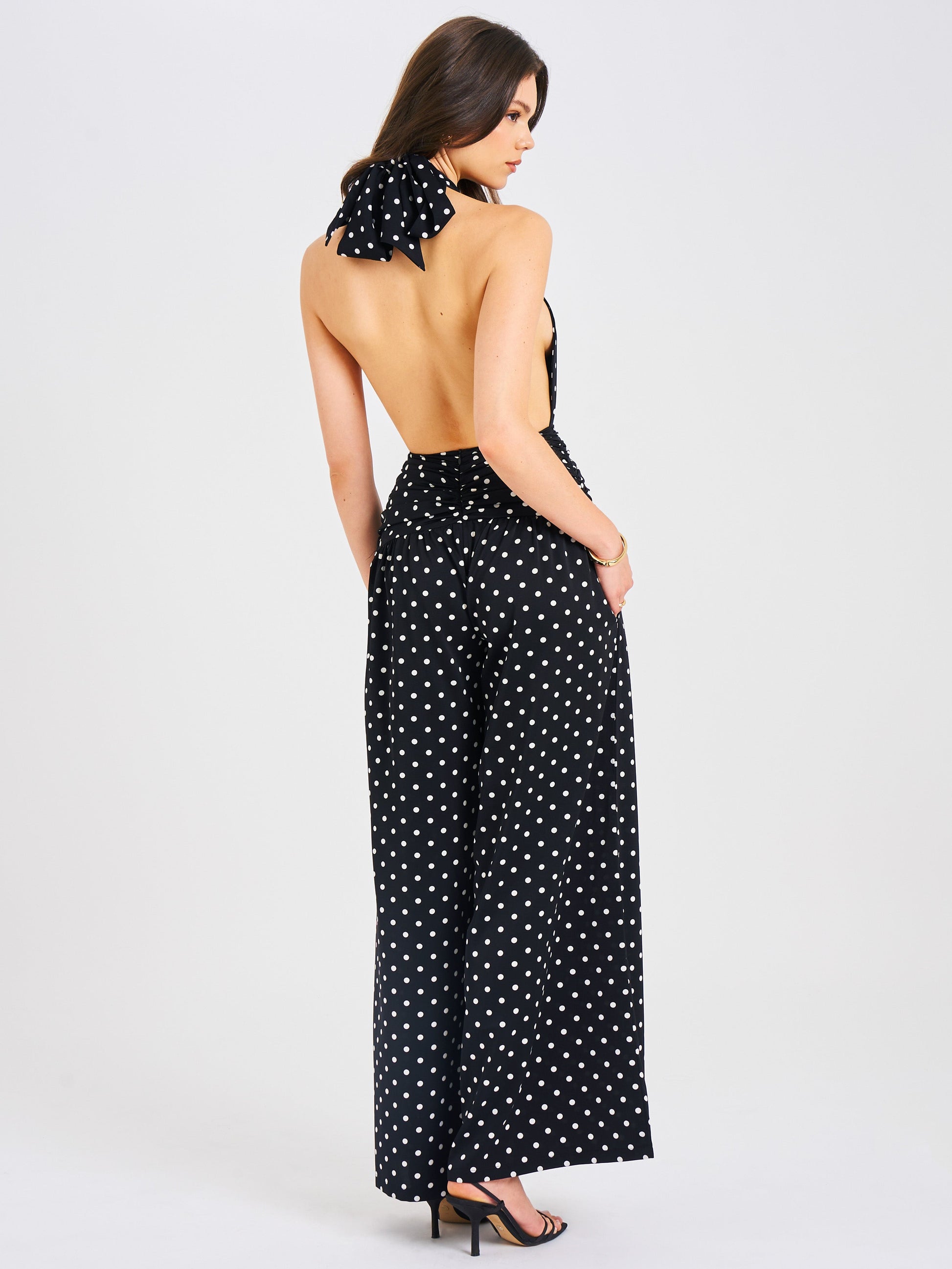 Oriana Black Polka Dots Halter Jumpsuit - HOUSE OF SHE