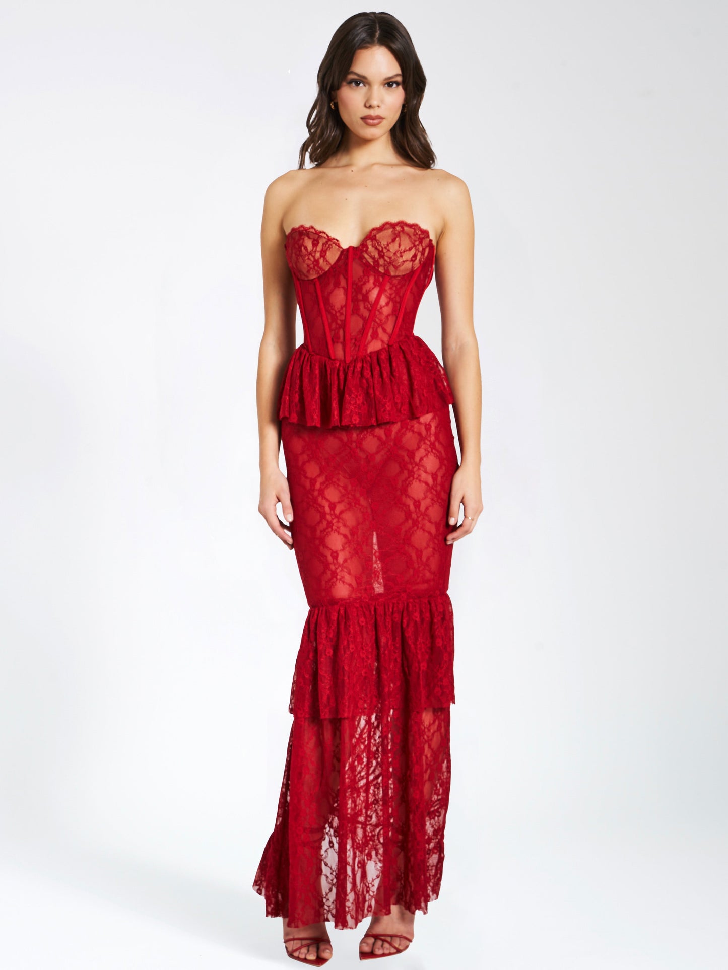 Quin Red Lace Corset Maxi Dress HOUSE OF SHE