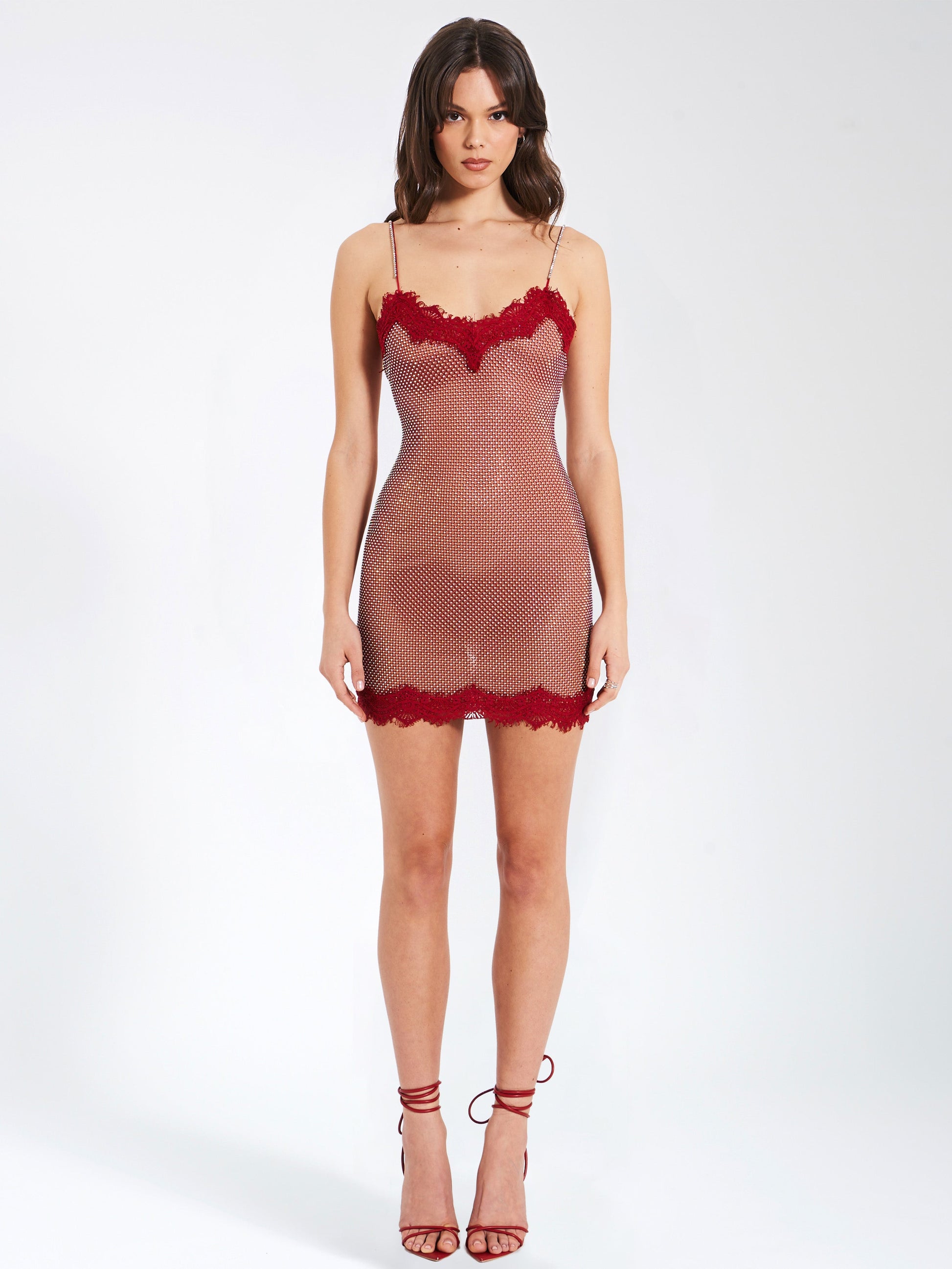 Remi Red Mesh Rhinestone Lace Mini Dress HOUSE OF SHE