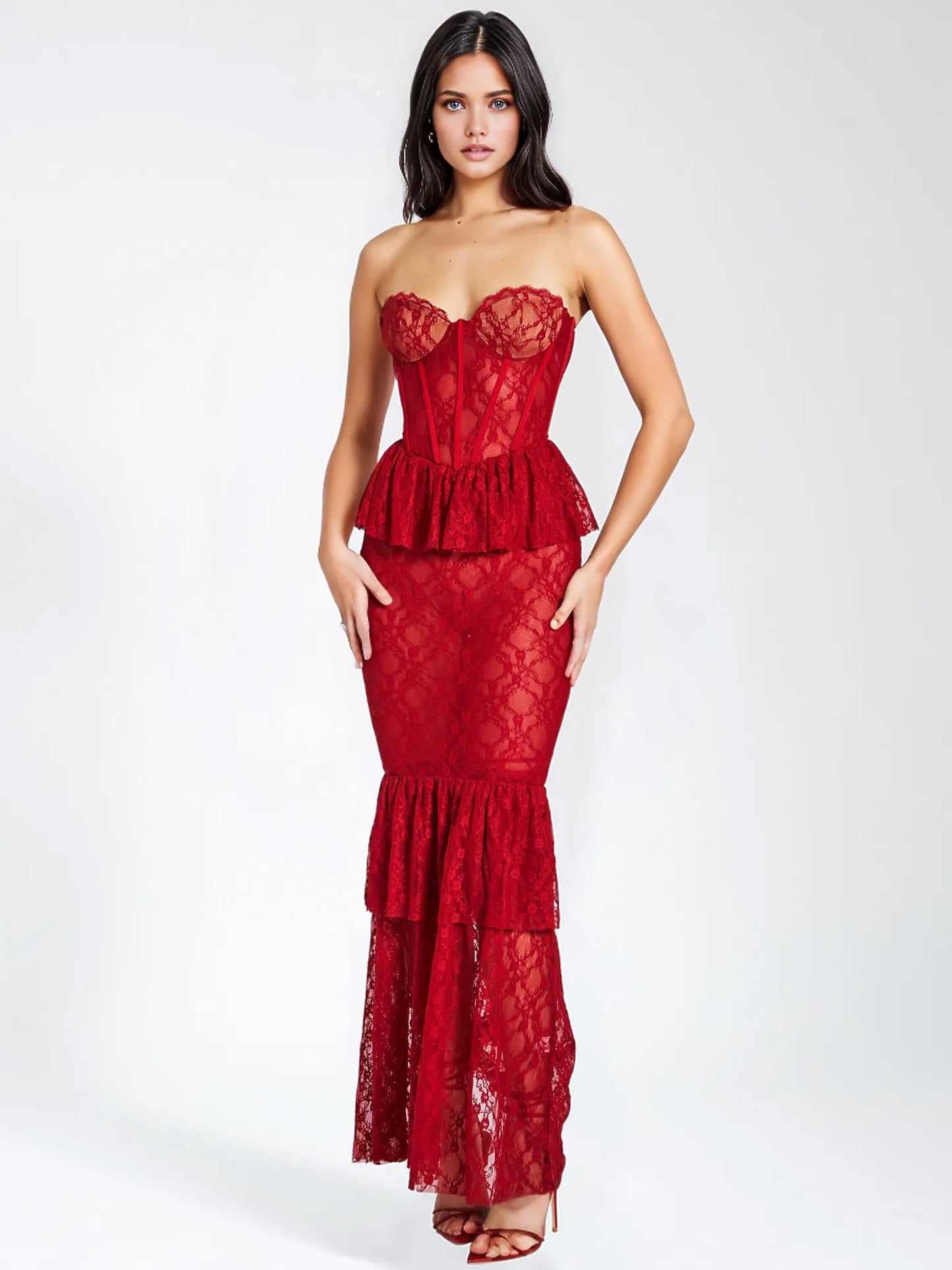 Quin Red Lace Corset Maxi Dress HOUSE OF SHE
