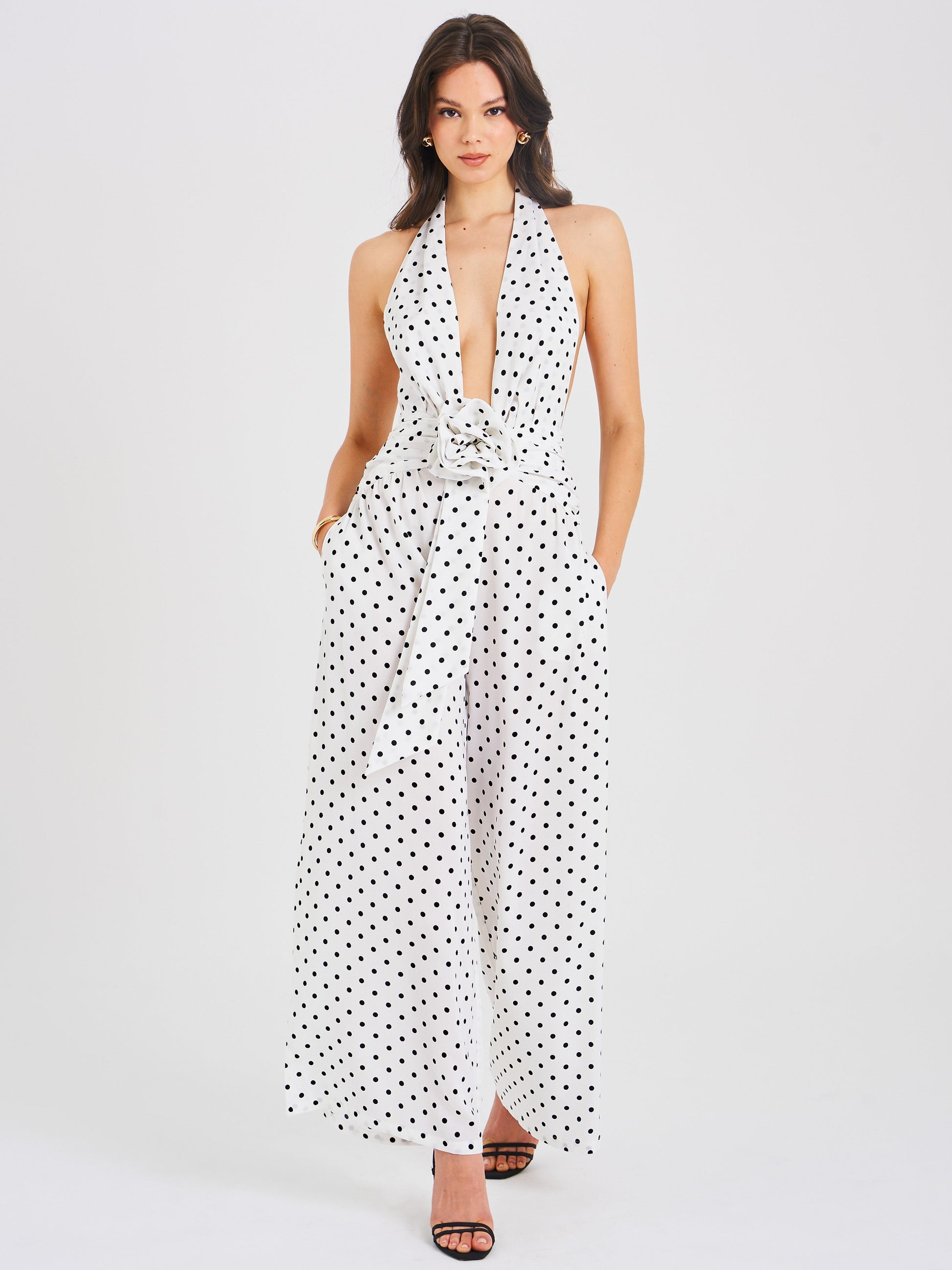 Oriana White Polka Dots Halter Jumpsuit - HOUSE OF SHE
