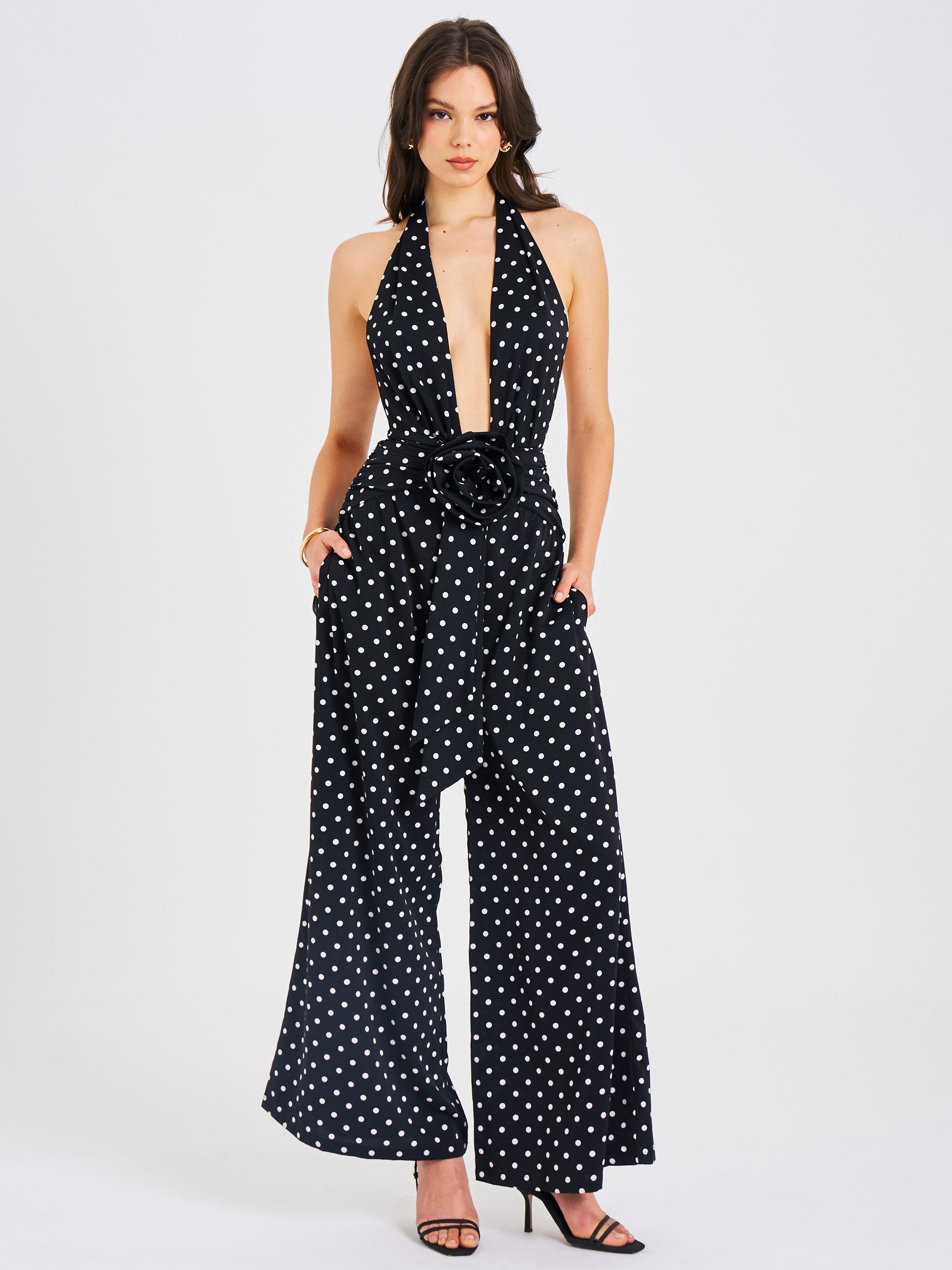 Oriana Black Polka Dots Halter Jumpsuit - HOUSE OF SHE