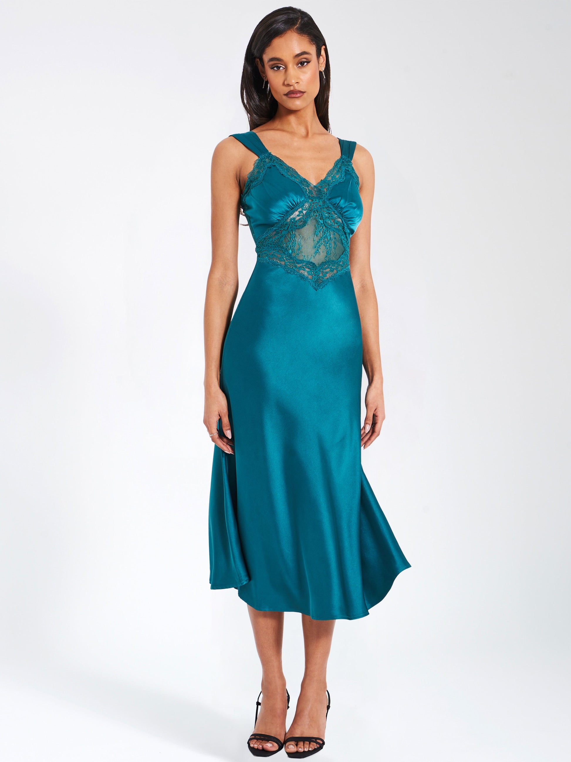 Perley Teal Satin and Lace Midi Dress  HOUSE OF SHE